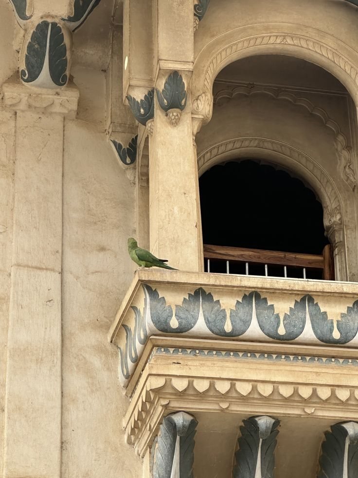 A green parrot perched on a carved jharokha balcony