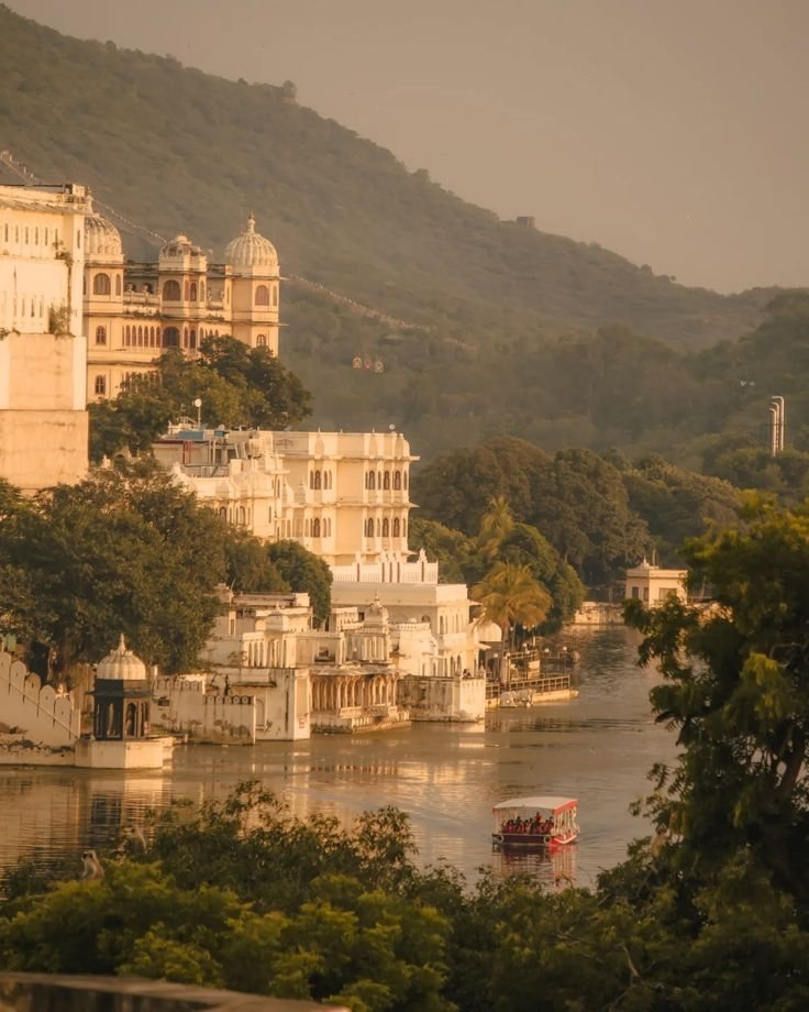Lakeside palaces at golden hour